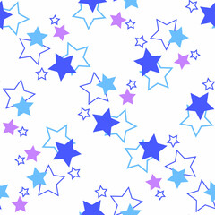 Seamless pattern with blue and lilac stars on a white background. Use for fabric, wrapping paper, wallpaper, print, backdrops, baby clothes, napkins, bags, merchandise, clothing, and artwork.
