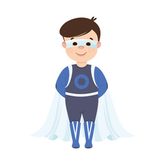 Little Boy Wearing Costume of Superhero Pretending Having Power for Fighting Crime Vector Illustration