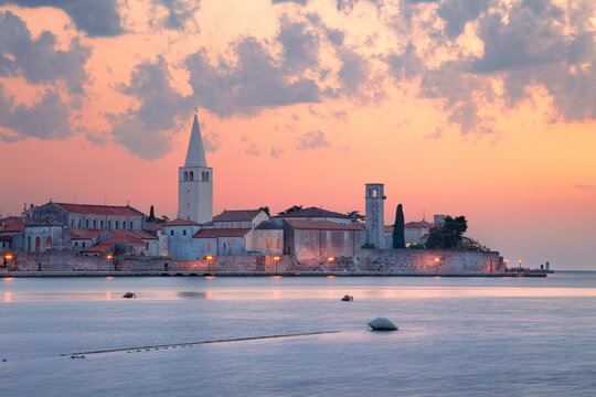 Porec, Croatia. Cityscape image of Porec, Croatia with the Euphrasian Basilica located on Istrian Peninsula at summer sunset.