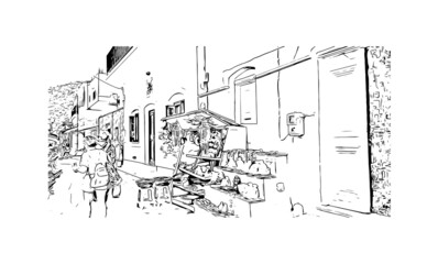 Building view with landmark of Kos is the 
island in Aegean Sea. Hand drawn sketch illustration in vector.