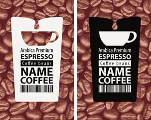 A set of vector labels for coffee beans with a cup and a barcode on the background of coffee beans. Espresso, Arabica premium