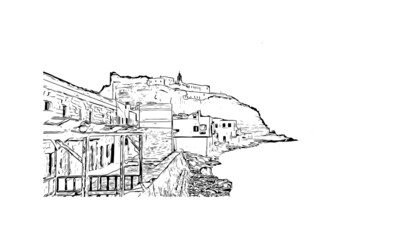 Building view with landmark of Kos is the 
island in Aegean Sea. Hand drawn sketch illustration in vector.