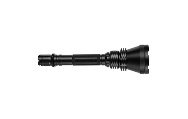 Modern metal LED flashlight in black color. Portable flashlight isolate on a white back
