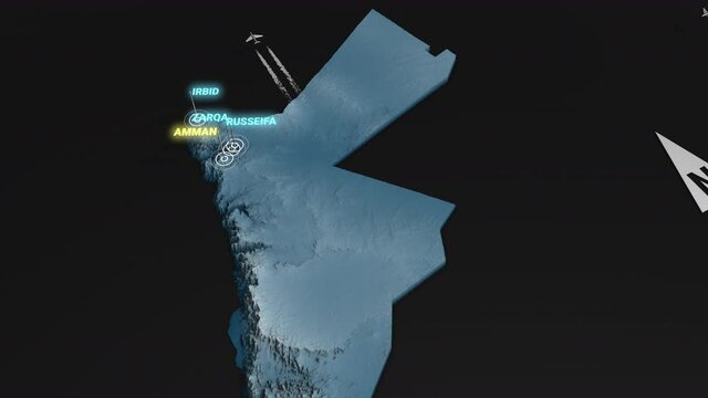 Seamless looping animation of the 3d terrain map at nighttime of Jordan with the capital and the biggest cites in 4K resolution