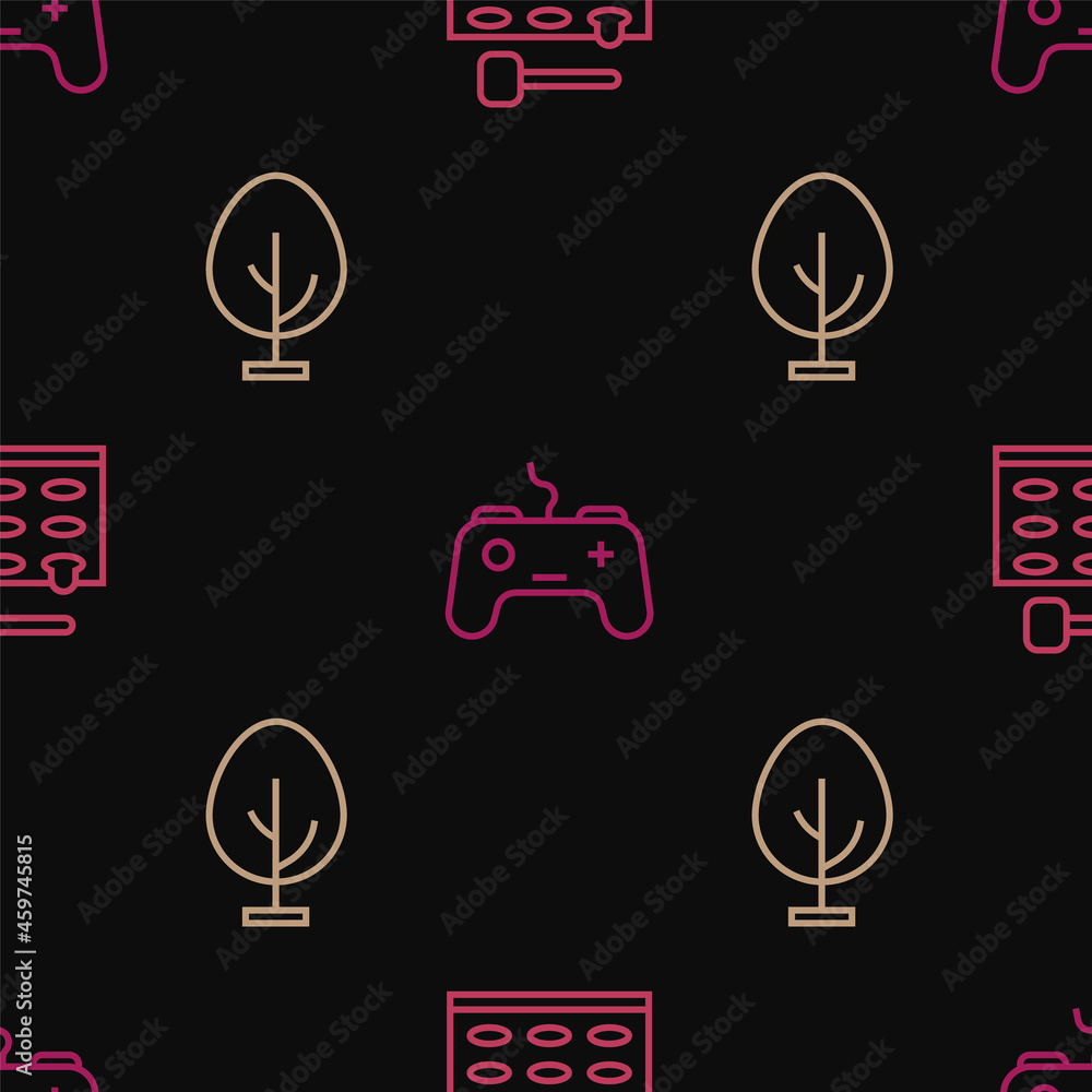 Poster set line arcade game machine, tree and gamepad on seamless pattern. vector
