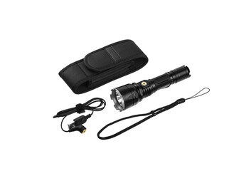 Modern metal LED flashlight in black color. Portable flashlight isolate on a white back