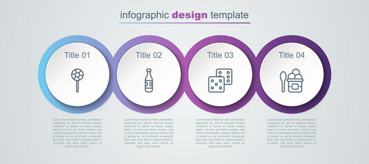 Set line Lollipop, Bottle of water, Game dice and Ice cream in bowl. Business infographic template. Vector