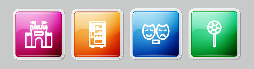 Set line Castle, Vending machine, Comedy and tragedy masks and Lollipop. Colorful square button. Vector