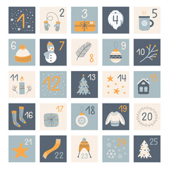 Christmas advent calendar with hand drawn elements in blue and yellow colors. Modern vector illustration for poster, card, decor, nursery bedroom