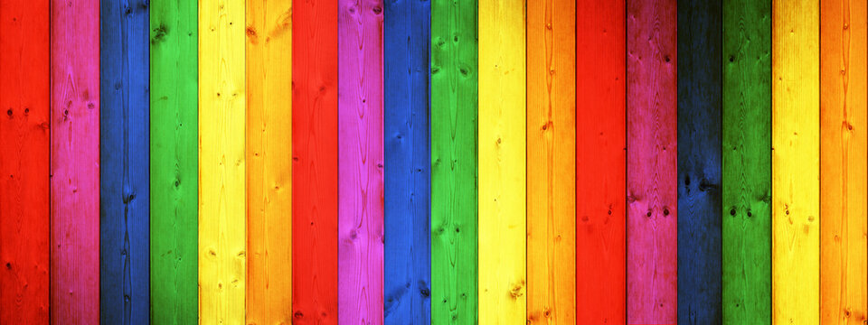 old rustic wooden wall table floor texture - wood background panorama banner long, rainbow painting colors LGBT