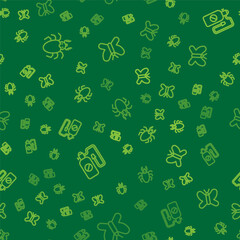 Set line Beetle deer, Pressure sprayer and Butterfly on seamless pattern. Vector