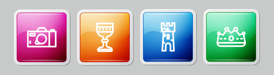 Set line Photo camera, Medieval goblet, Castle tower and King crown. Colorful square button. Vector