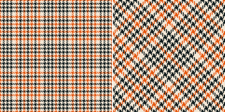 Abstract check plaid pattern tweed in black, orange, beige. Seamless houndstooth tartan vector for dress, shirt, skirt, jacket, scarf, other modern spring summer autumn winter fashion fabric print.