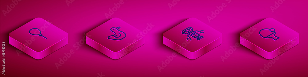Poster set isometric line balloons with ribbon, rubber duck, robot toy and racket and ball icon. vector