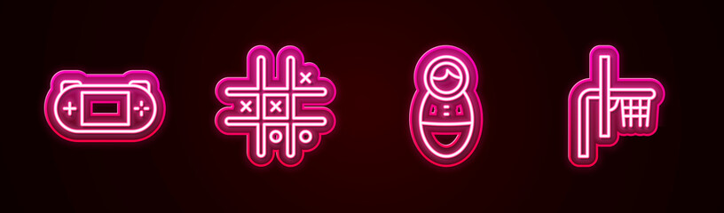 Set line Portable video game console, Tic tac toe, Tumbler doll toy and Basketball backboard. Glowing neon icon. Vector