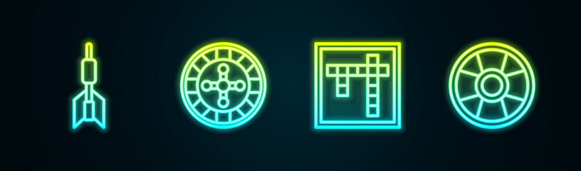 Set line Dart arrow, Casino roulette wheel, Bingo and chip. Glowing neon icon. Vector