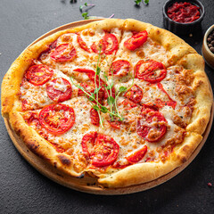 pizza margarita vegetarian food tomato, cheese, mozzarella fast food ready to eat meal snack on the table copy space food background 