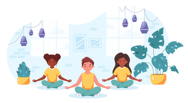 Children of different nationalities meditating in lotus pose. Gymnastic, yoga and meditation for children. Vector illustration © Amahce