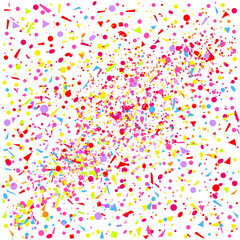 Square multicolored pattern with random falling colored confetti on white background. Texture with glitters for design. Greeting cards. Explosion. Bright firework. Print for polygraphy and posters