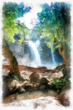 Waterfall in the forest watercolor style illustration impressionist painting.
