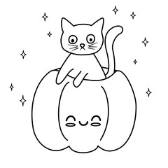 cute cartoon black and white halloween vector illustration with adorable cat in a pumpkin for coloring art