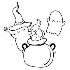 cute cartoon black and white halloween character baby witch ghost funny holiday vector illustration in flat style for coloring art