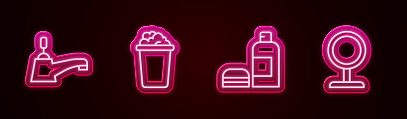 Set line Water tap, Bucket with soap suds, Bottle of shampoo and Round makeup mirror. Glowing neon icon. Vector