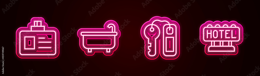 Sticker Set line Identification badge, Bathtub, Hotel door lock key and Signboard with text. Glowing neon icon. Vector