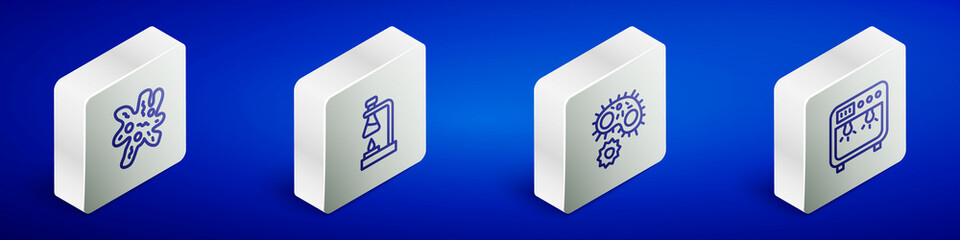 Set Isometric line Cell, Test tube flask on fire, Virus and Biosafety box icon. Vector
