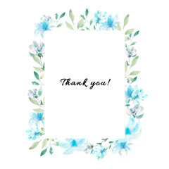 Rectangular frame with floral watercolor design. Template with blue flowers and greenery