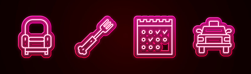 Set line Armchair, Fork, Hotel booking calendar and Taxi car. Glowing neon icon. Vector