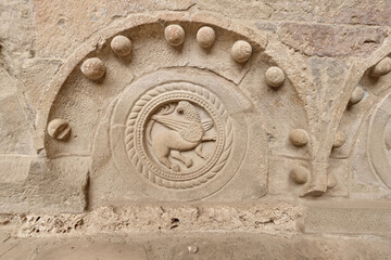 San Juan de la Peña, Aragon September 7, 2021, headstone of the Royal House of Aragon in the monastery of San Juan de la Peña, Romanesque work in Huesca.