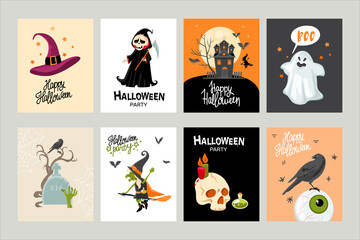 Halloween invitation or greeting card set. Cartoon style. Vector illustration.