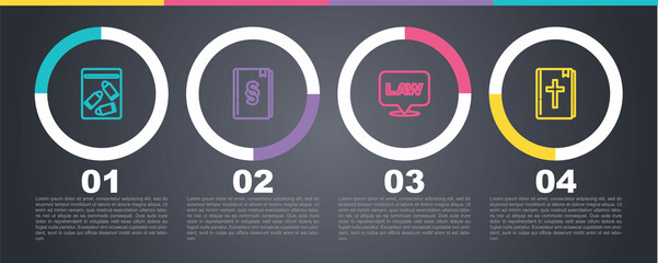 Set line Evidence bag and bullet, Law book, Location law and Holy bible. Business infographic template. Vector