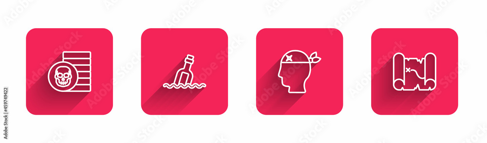 Poster set line pirate coin, bottle with message water, captain and treasure map with long shadow. red squa