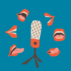 Podcast cover with blue background. Studio microphone on a stand and open speaking mouths around. Vector retro flat illustration EPS 10