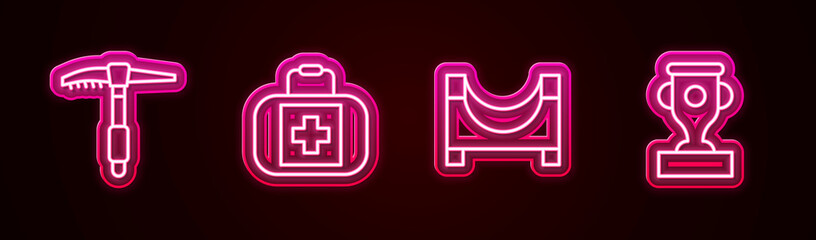 Set line Ice axe, First aid kit, Skate park and Award cup. Glowing neon icon. Vector