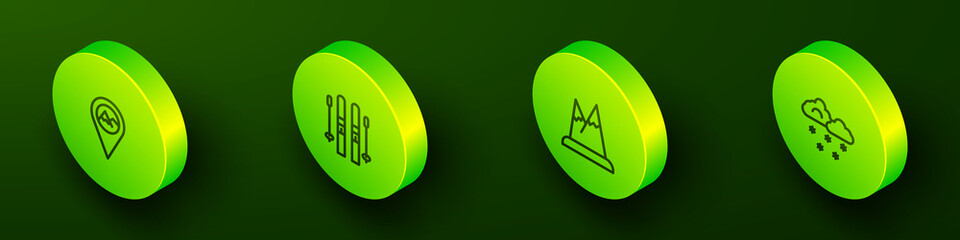 Set Isometric line Location with mountain, Ski and sticks, Mountains and Cloud snow icon. Vector