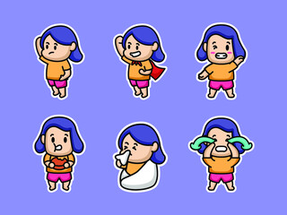 Set of cute little girl sticker mascot design
