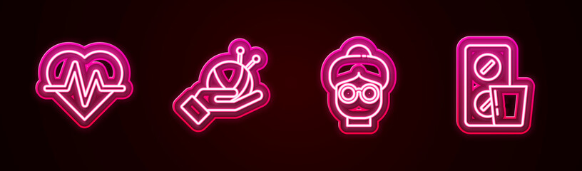 Set line Heart rate, Yarn ball with knitting needles, Grandmother and Pills blister pack. Glowing neon icon. Vector