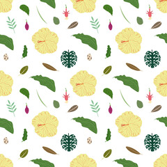 Tropical leaves and flowers seamless pattern. Botanical texture with yellow hibiscus, monstera leaf, egg, fuchsia. Cute baby print for fabric and textile.