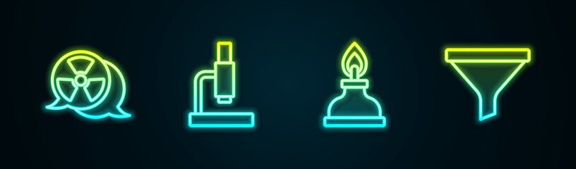 Set line Radioactive, Microscope, Alcohol or spirit burner and Funnel filter. Glowing neon icon. Vector