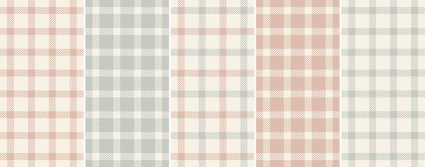 Plaid pattern set for spring autumn winter in grey, beige, pink. Seamless neutral muted tattersall vector for handkerchief, scarf, jacket, dress, blanket, other modern fashion textile print.