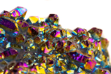 Macro mineral stone Titanium Quartz, Flame Aura Quartz on a white background