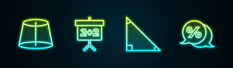 Set line Geometric figure, Chalkboard, Triangle math and Discount percent tag. Glowing neon icon. Vector