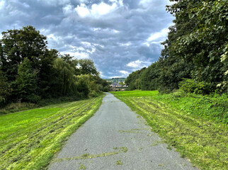 Fototapeta na wymiar Cycle lane, as it passes through woodland, with Shipley in the distance near, Bradford, Yorkshire, UK