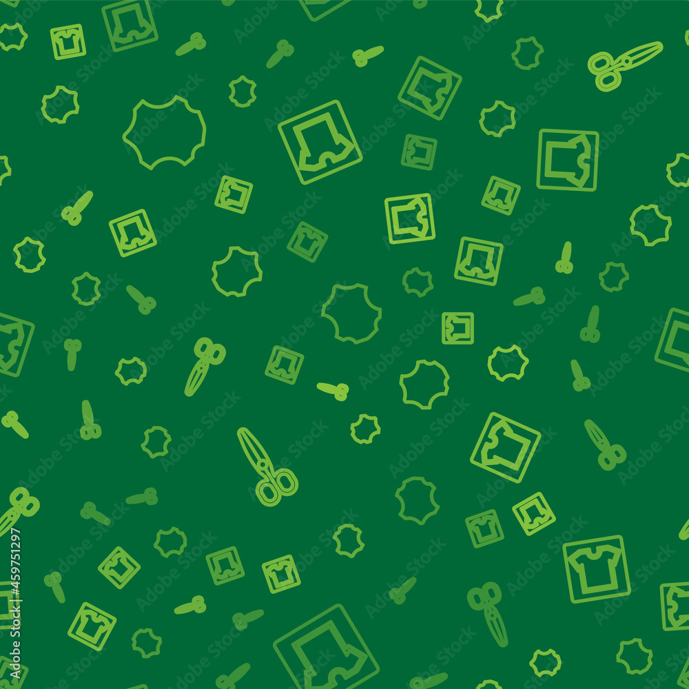 Poster set line leather, scissors and sewing pattern on seamless pattern. vector