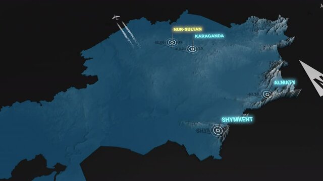 Seamless looping animation of the 3d terrain map at nighttime of Kazakhstan with the capital and the biggest cites in 4K resolution