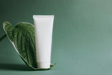 white tube of cream stands on leaf on green background. Cosmetics concept 
