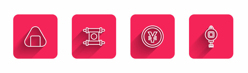 Set line Sushi, Decree, paper, parchment, scroll, Chinese Yuan currency and lantern with long shadow. Red square button. Vector
